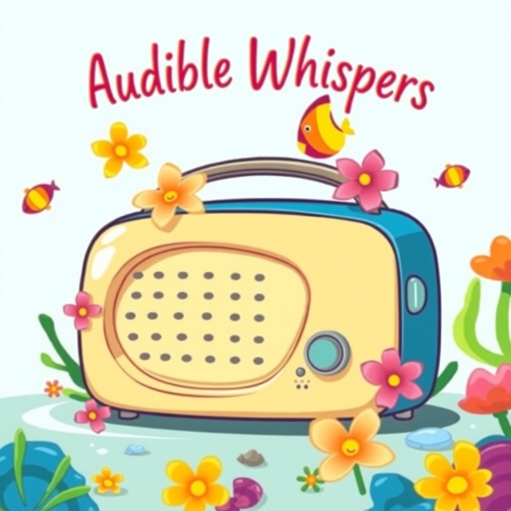 A vintage radio depicted in a cartoon style, featuring a summer aesthetic with vibrant sea flowers and colorful fish surrounding it