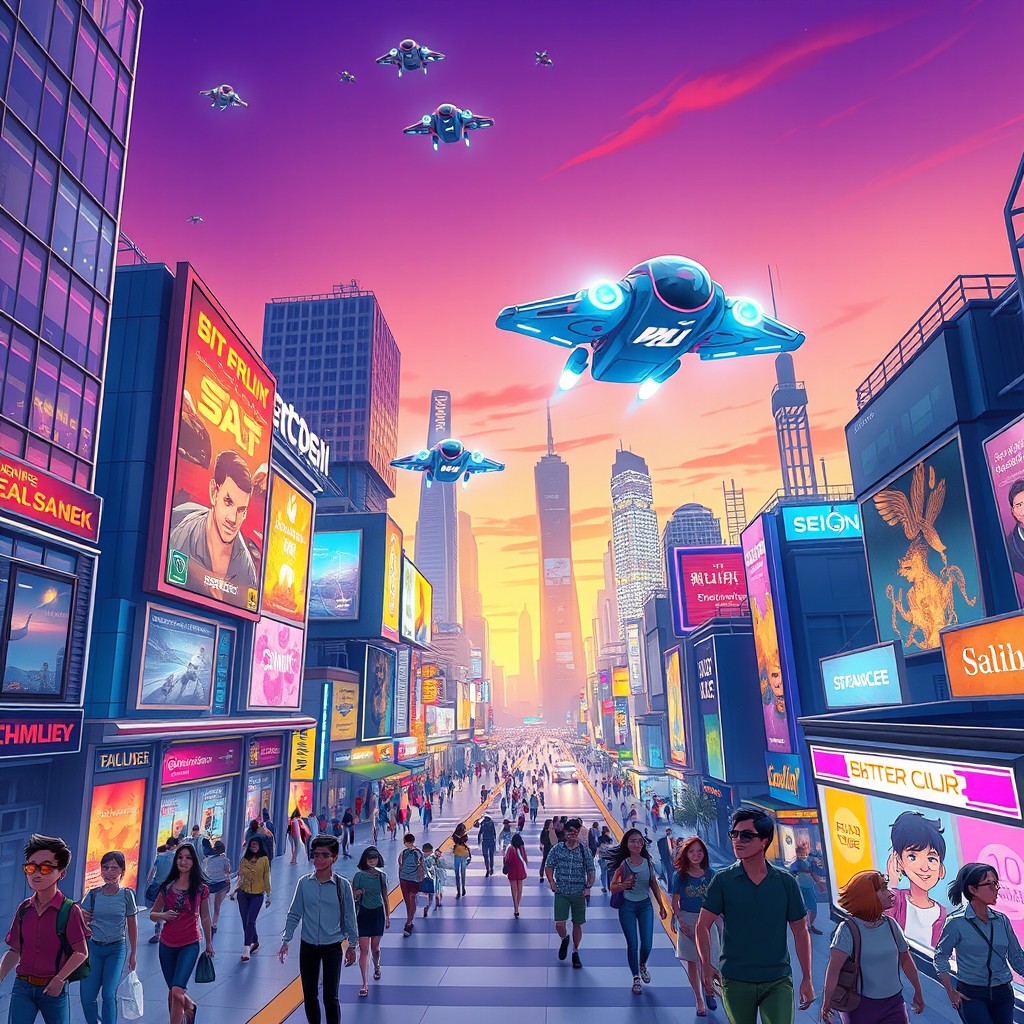 A vibrant and exciting animated scene of a futuristic city at dusk, with flying cars zooming through the sky and neon signs illuminating the streets below
