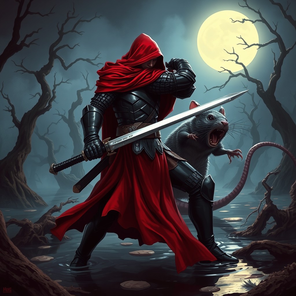 A vibrant cover illustration featuring a person in sleek black armor, wrapped in a dramatic red cloak with a hood