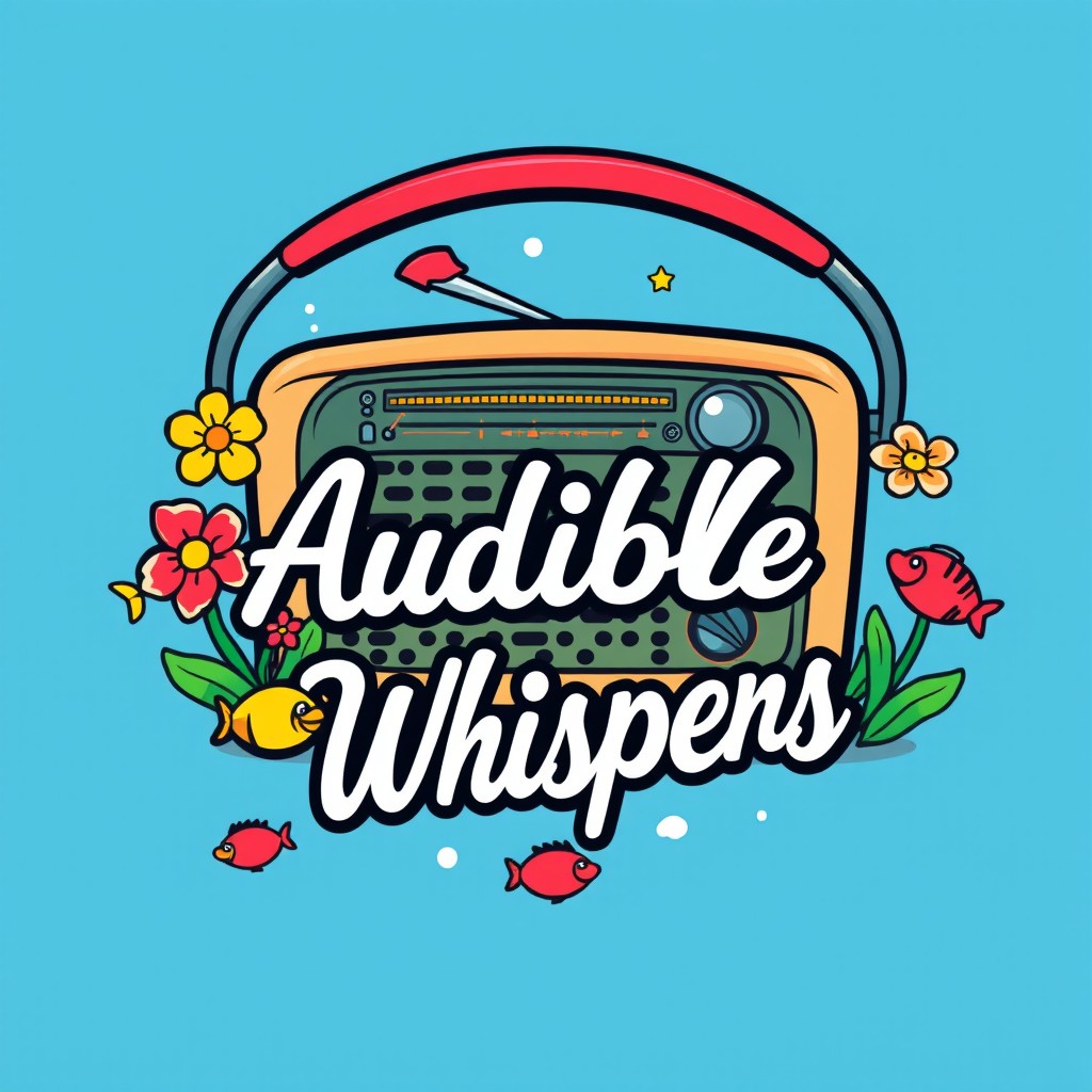 A vibrant and playful vintage radio logo designed in cartoon style, featuring a summer aesthetic with colorful sea flowers and cheerful fish swimming around