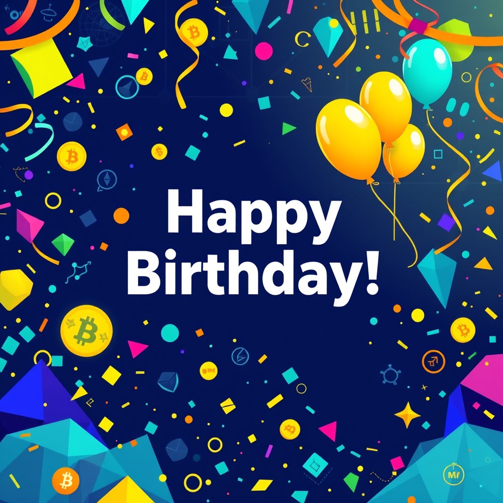 A vibrant and energetic birthday greeting card design that says "Happy Birthday!" prominently in a bold and modern font