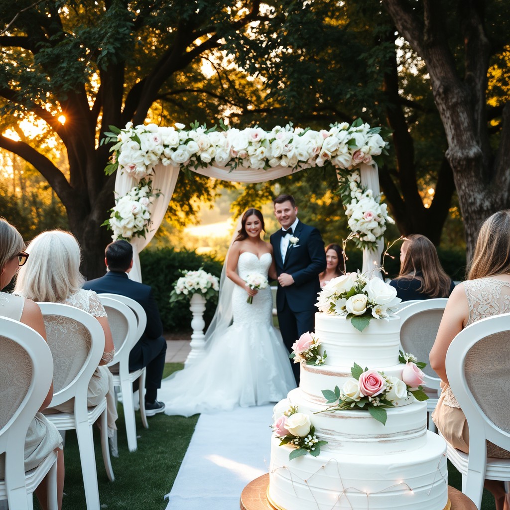 A stunning outdoor wedding scene in a lush garden, featuring a beautifully decorated altar draped with white and pastel-colored flowers