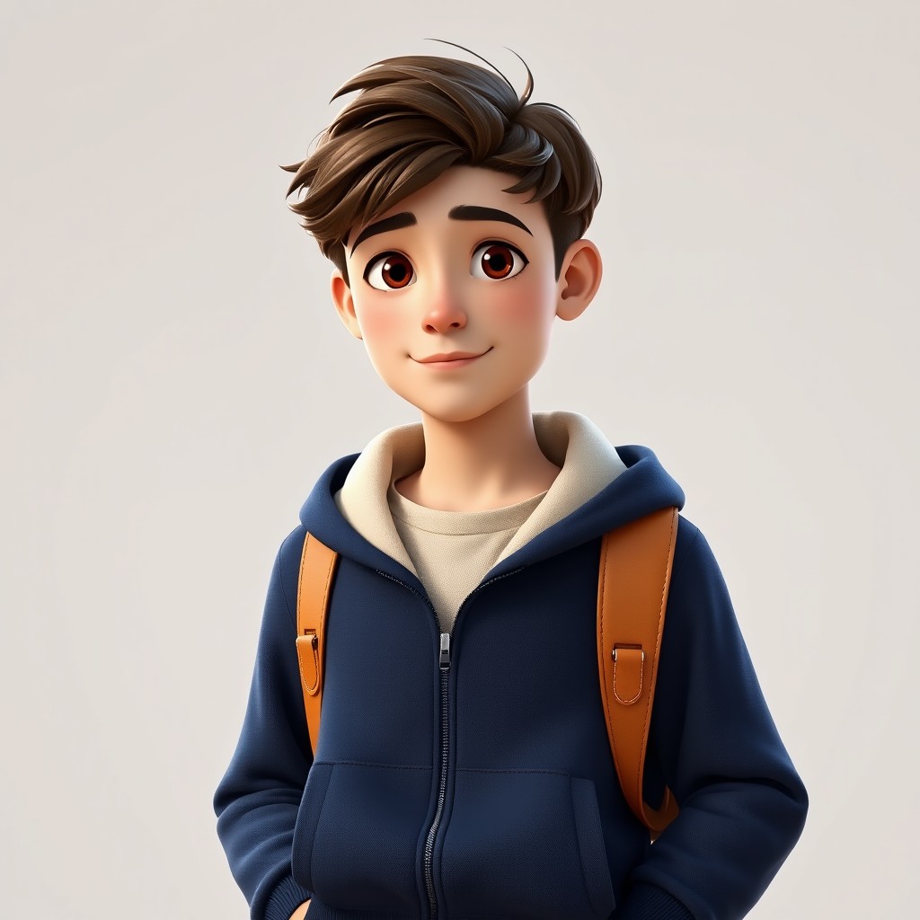 A young man in his late 29s with a gentle, introspective expression, short, slightly messy brown hair with a side-swept fringe, soft brown eyes, and fair skin with a smooth, warm undertone