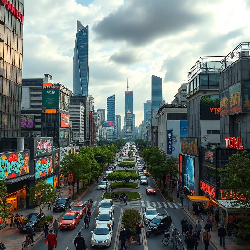 A bustling city scene showcasing modern architecture with futuristic skyscrapers, busy streets filled with cars and pedestrians, vibrant street art on buildings, lush green parks interspersed throughout the city, and an array of glowing neon lights at night