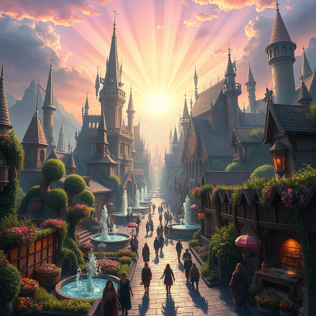 A magnificent fantasy city bathed in radiant beams of light, showcasing intricate architecture with soaring towers and whimsical structures