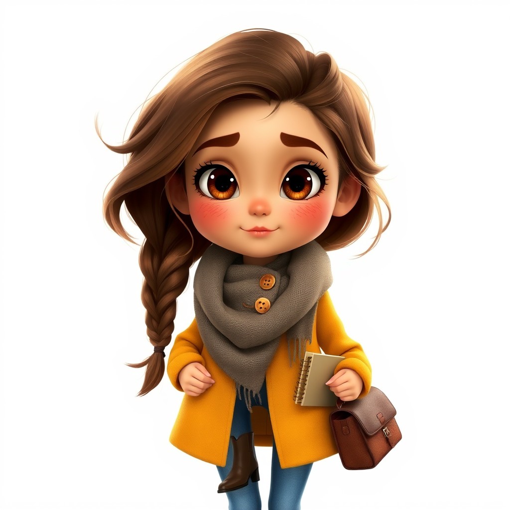 A character design of Lila, a 27-year-old female lead with a round face and soft features adorned with faint freckles across the bridge of her nose and cheeks