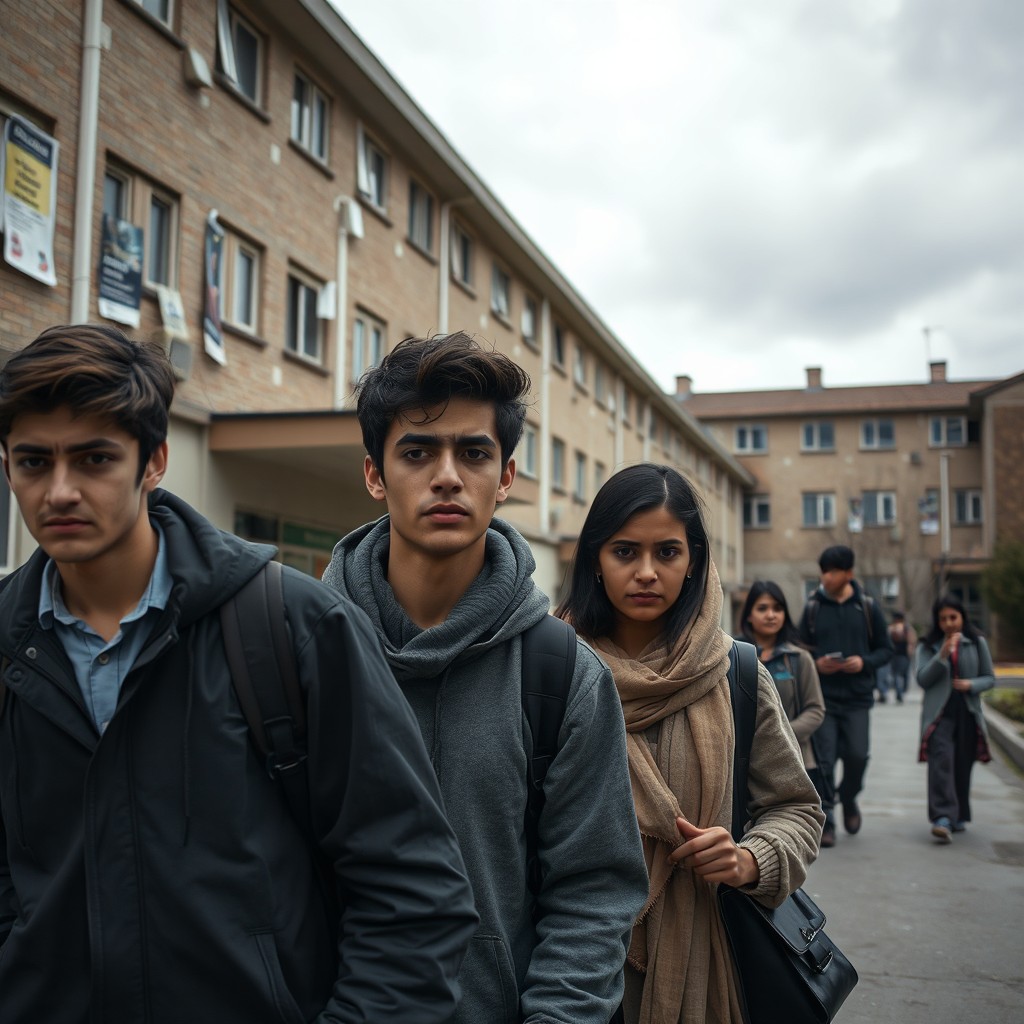 A scene depicting university students leaving their campus, looking concerned and somber, as they walk past a hostel that has been marked with clear signs of sectarian tension