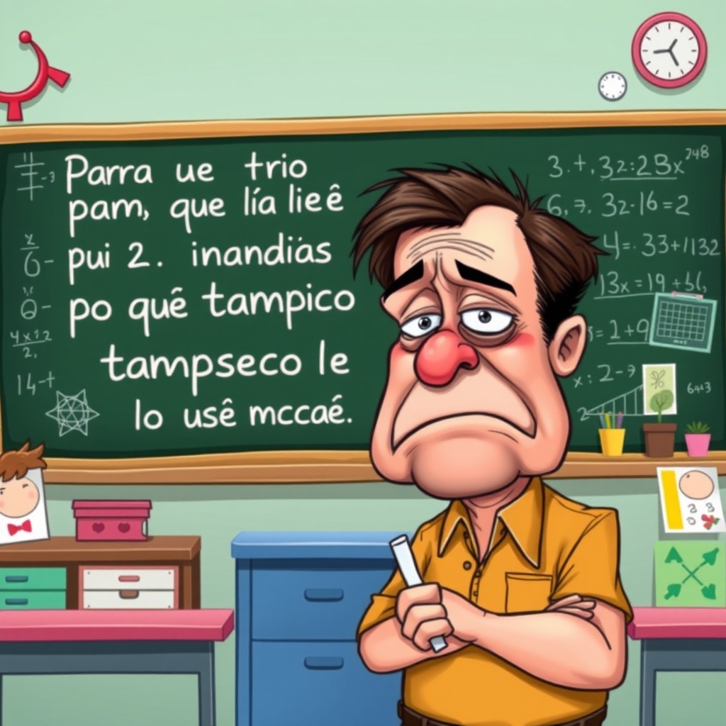 A caricature of a tired-looking teacher with exaggerated features, such as large drooping eyes and a large, frowning mouth, standing in front of a blackboard filled with chaotic math equations