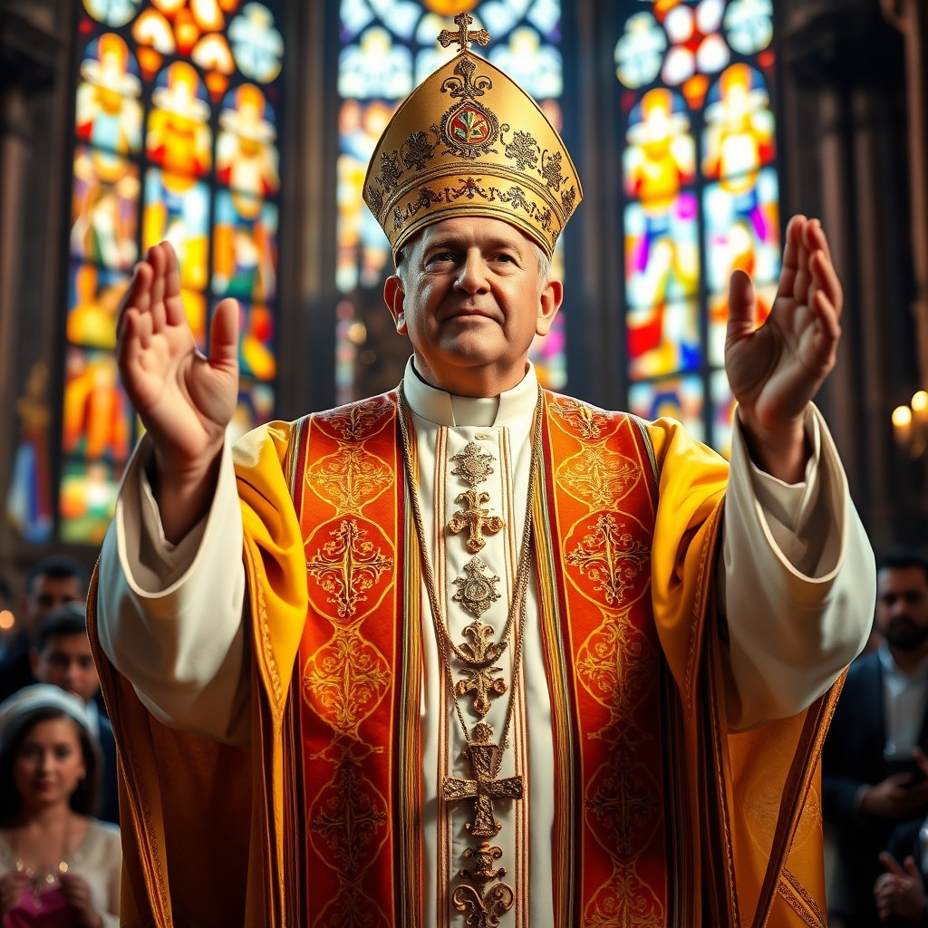 A powerful and inspirational scene of a new Catholic pope, a middle-aged man with a compassionate expression, dressed in ornate papal robes and a regal papal tiara