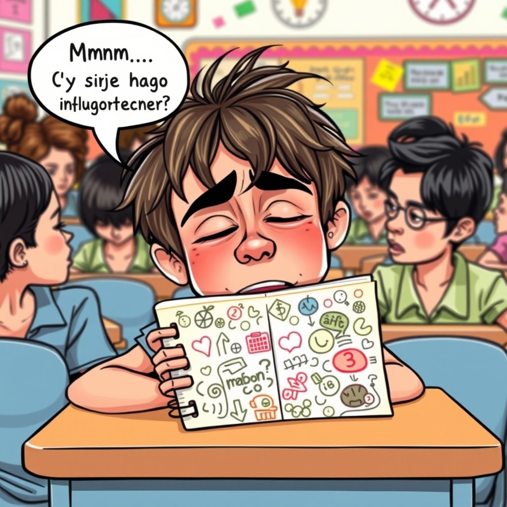 A caricature of a bored student yawning at their desk, with their head resting on a colorful folder covered in doodles