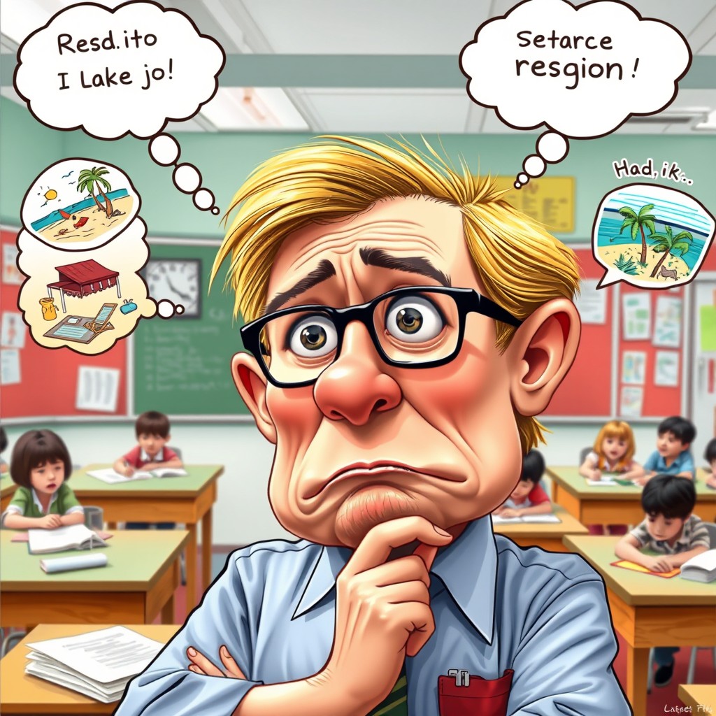 A caricature of a teacher lost in thought, with a comically exaggerated expression of frustration and daydreaming