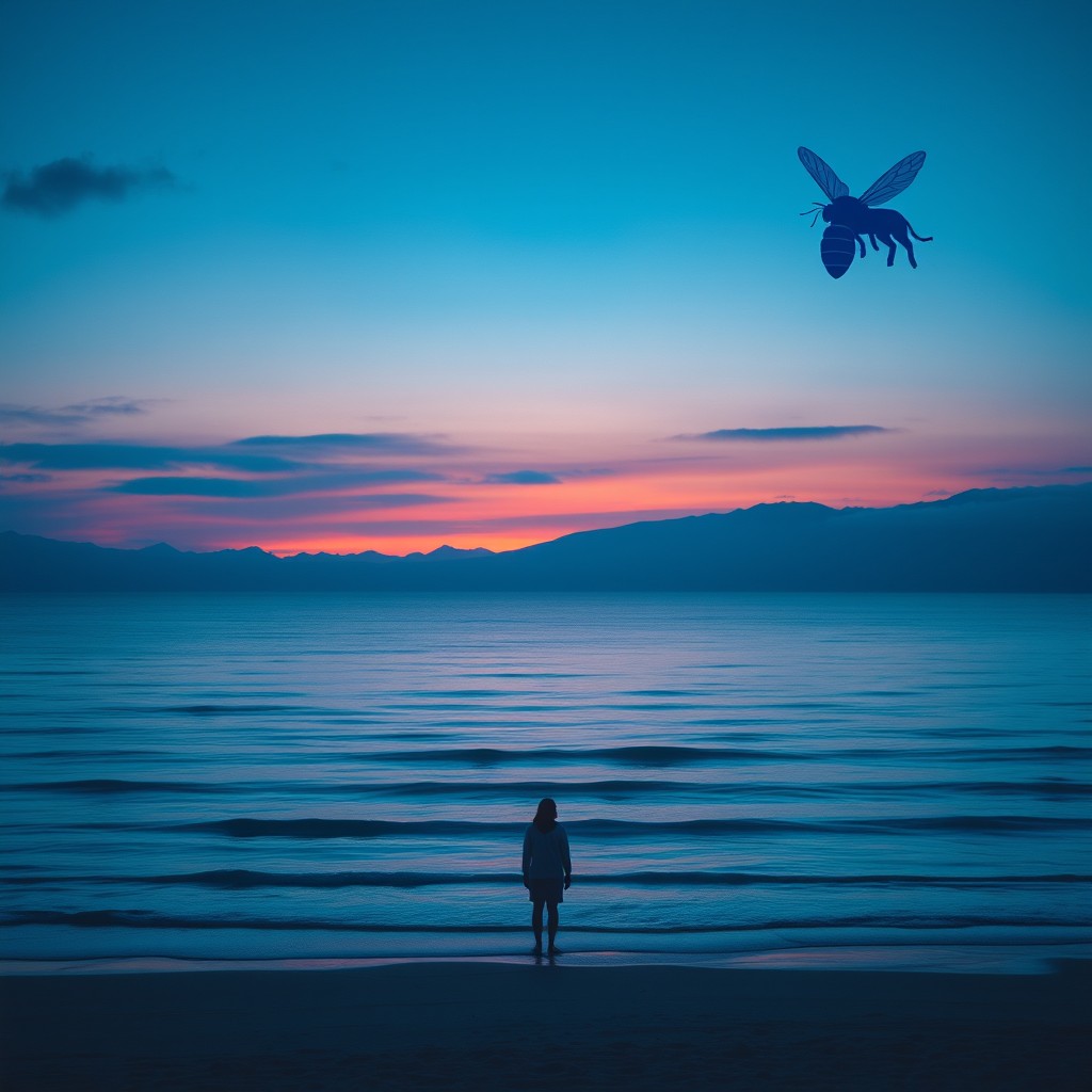 A serene and contemplative landscape inspired by the poem, depicting a tranquil sea under a twilight sky filled with deep hues of blue and purple