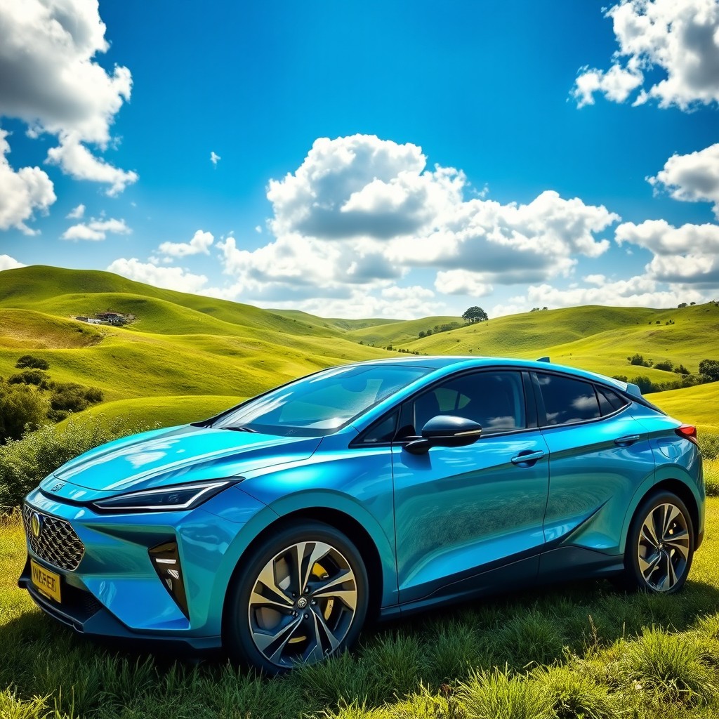 A modern hybrid car parked in a lush green environment, showcasing its sleek and futuristic design