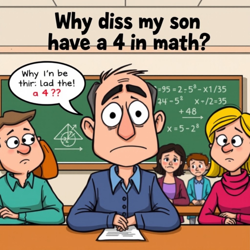 A cartoon depicting a father at a parent-teacher meeting, looking concerned while asking, "Why does my son have a 4 in math?" The father should have exaggerated facial expressions, showcasing his frustration with big eyes and a raised eyebrow