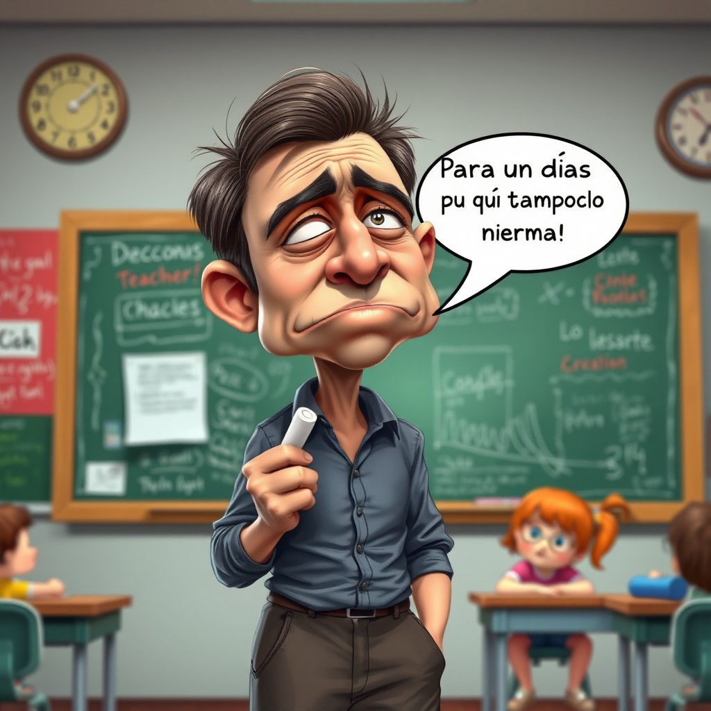 A caricature of a weary teacher with exaggerated tired features, including droopy eyes and a furrowed brow, standing at the front of a lively classroom