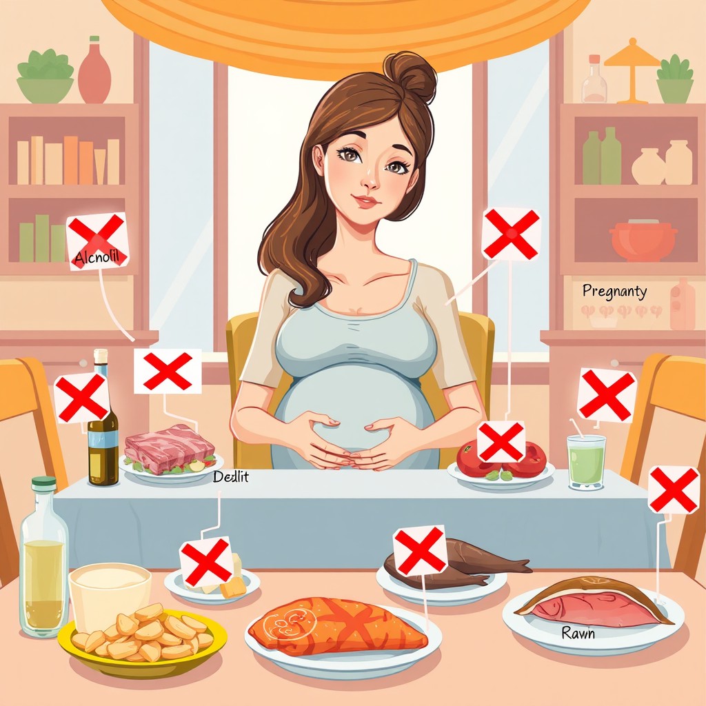 A creative illustration depicting a pregnant woman sitting at a table surrounded by various harmful foods that are indicated with clear warning signs or labels, showing their negative effects on pregnancy