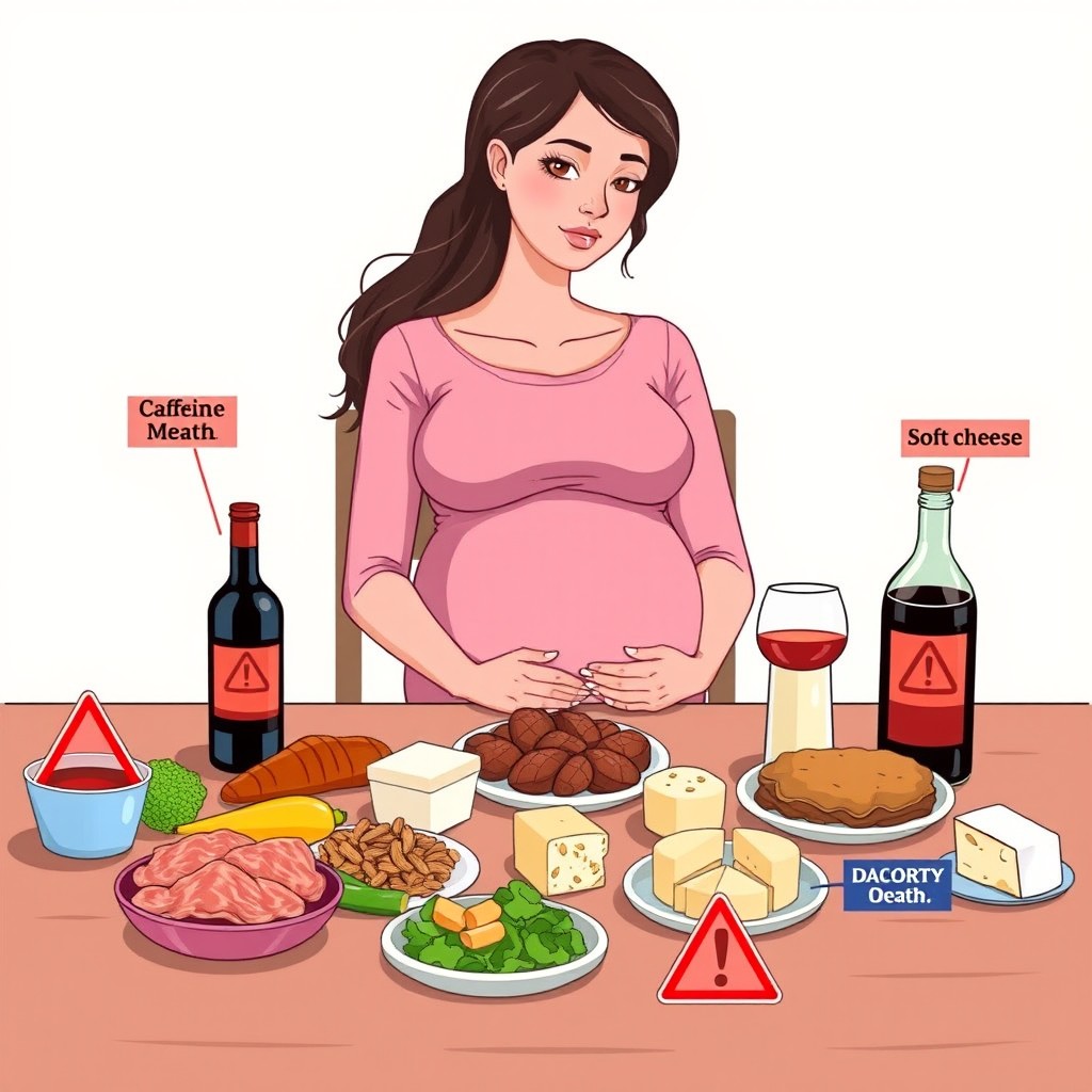 An illustration of a pregnant woman sitting at a table filled with various harmful foods, each marked with clear warning symbols indicating their negative effects on pregnancy