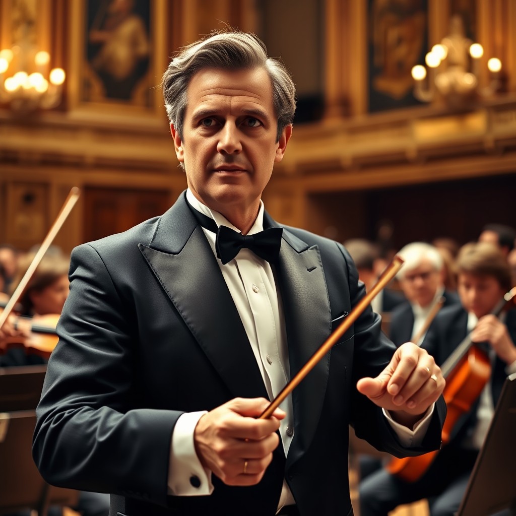 A wise and composed conductor in a formal setting, elegantly guiding an orchestra
