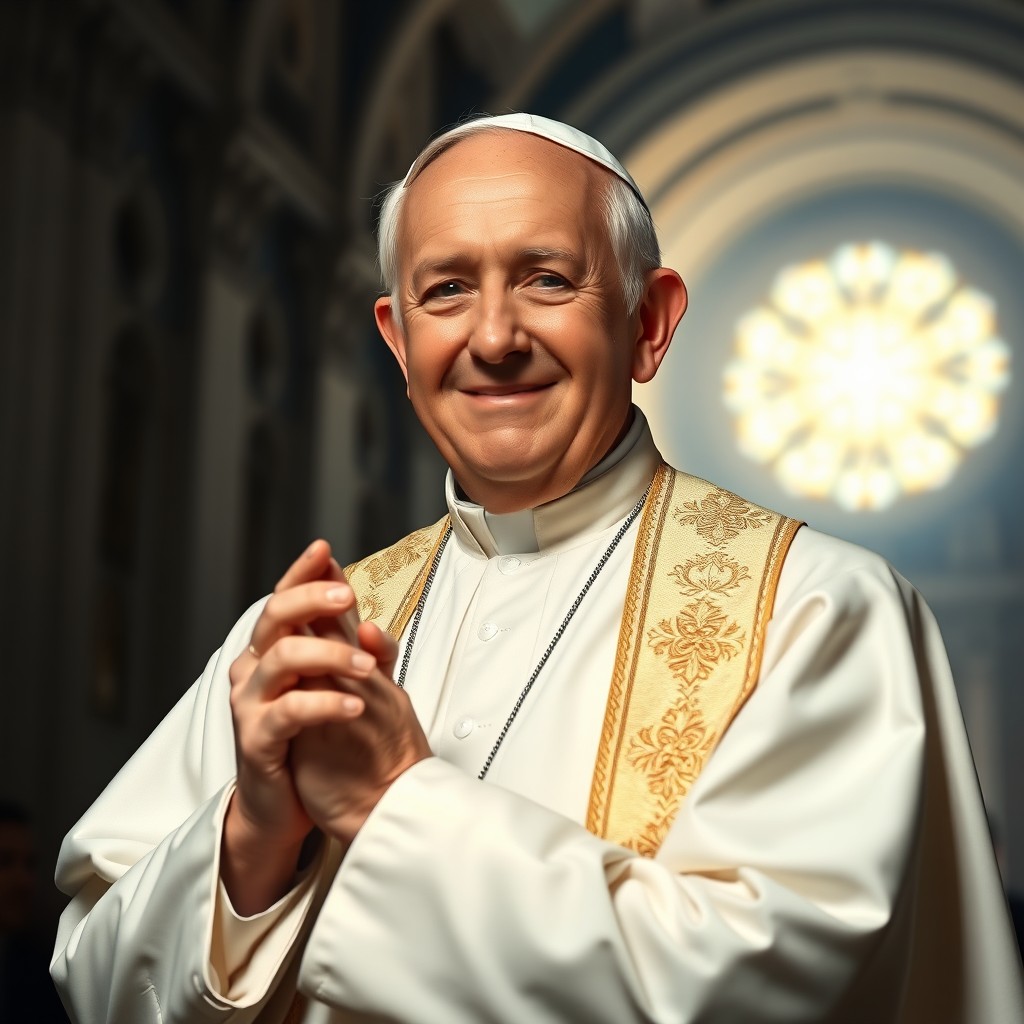 A serene yet powerful portrait of the new pope, depicted as an elderly man with a kindly face, wearing traditional papal robes