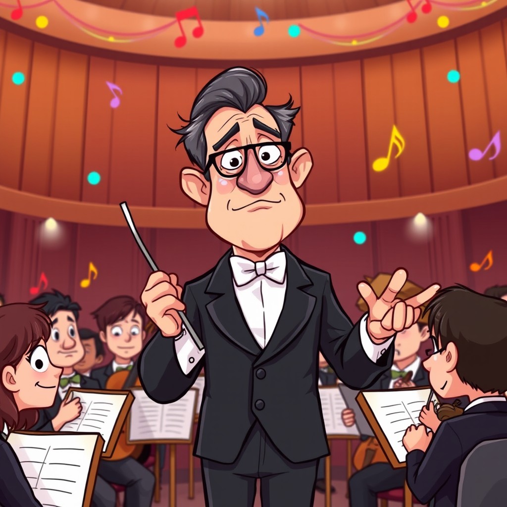 A cartoon-style illustration of a wise and composed conductor in a concert hall, wearing a classic black tuxedo and holding a baton