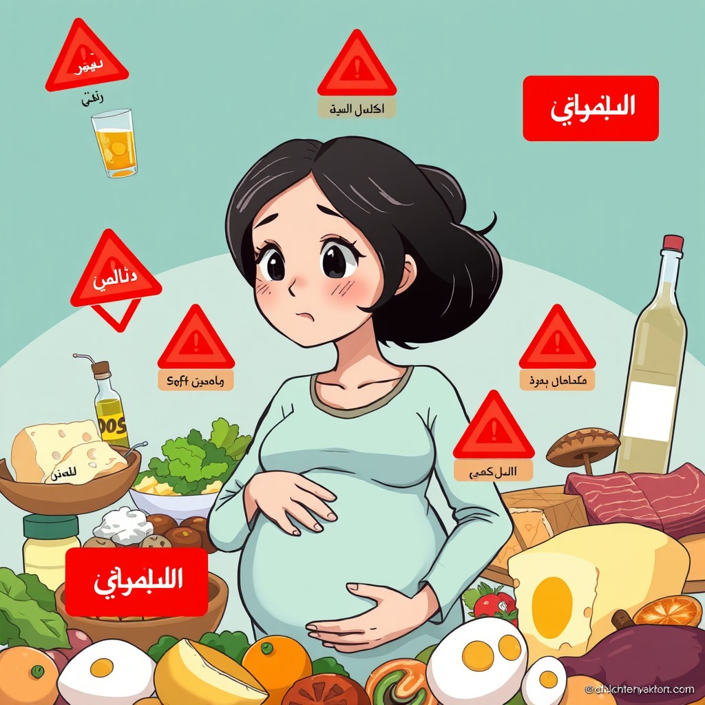 An anime-style illustration of a pregnant woman surrounded by various harmful foods, specifically highlighting raw eggs among others, such as alcohol, soft cheeses, and deli meats, all clearly marked with warning signs indicating their negative effects during pregnancy