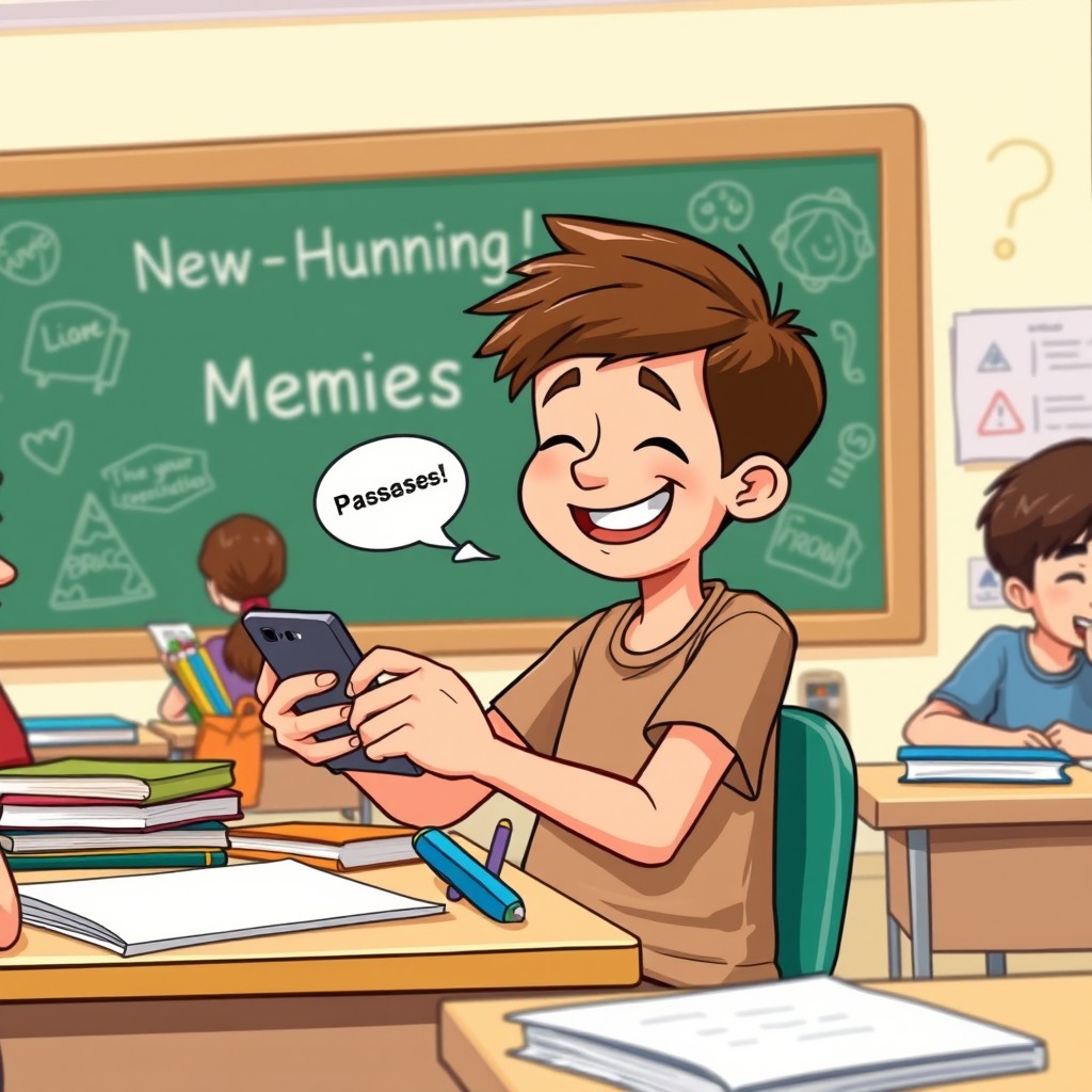 A cartoon-style illustration of a student sitting at a classroom desk, intently looking at a smartphone while giggling at memes