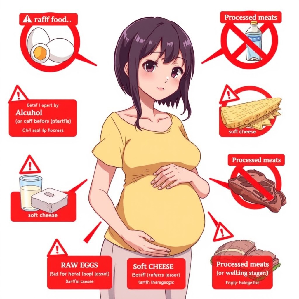 An anime-style illustration of a pregnant woman surrounded by various harmful foods, including raw eggs, alcohol, soft cheeses, and processed meats, all clearly marked with bright red warning signs indicating their negative effects on pregnancy