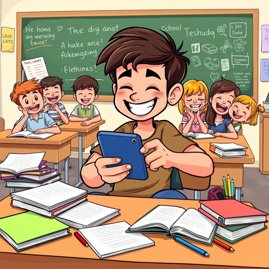 A cartoon-style illustration of a student sitting at a classroom desk, glued to a smartphone while chuckling at hilarious memes