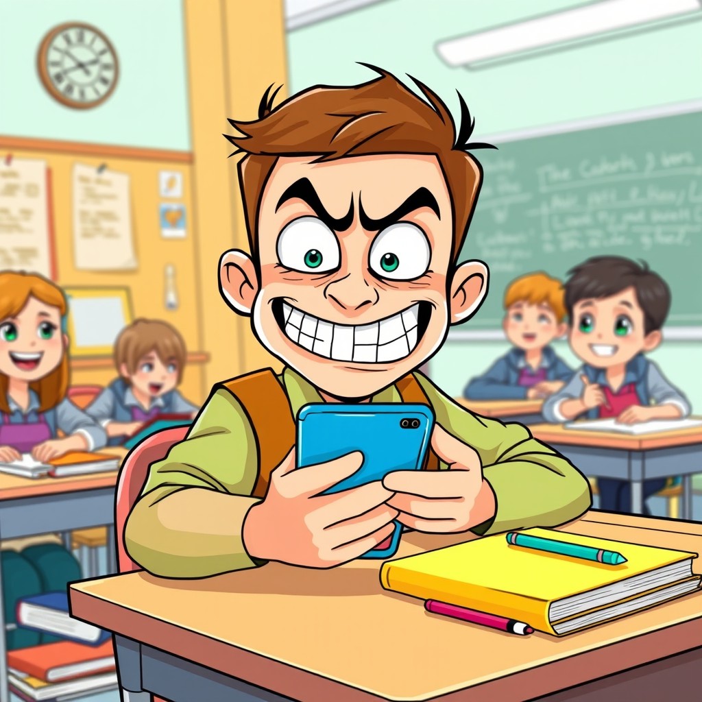 A cartoon-style illustration of a student sitting at a classroom desk, intensely focused on a smartphone, with a hilariously ugly and funny face