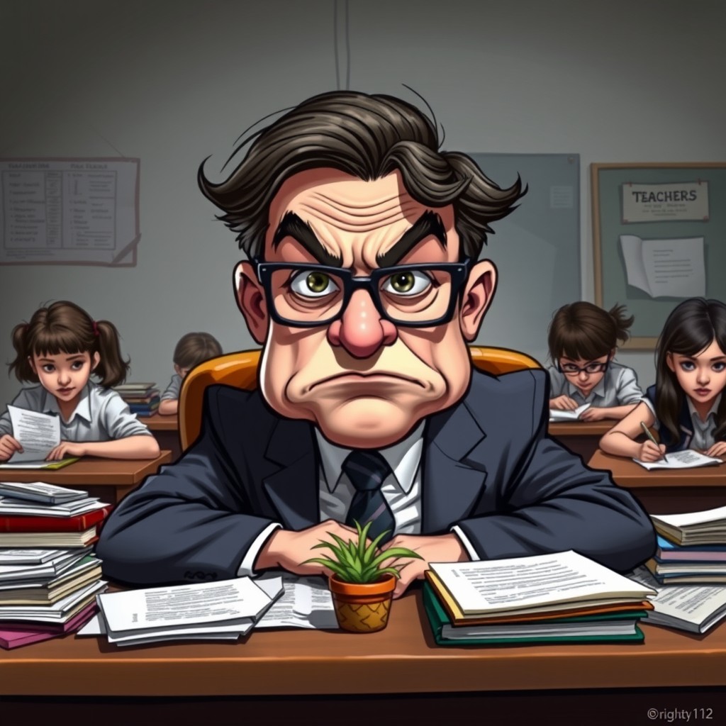 A caricature of a stern teacher sitting at their cluttered desk, with a dramatically serious and intimidating expression