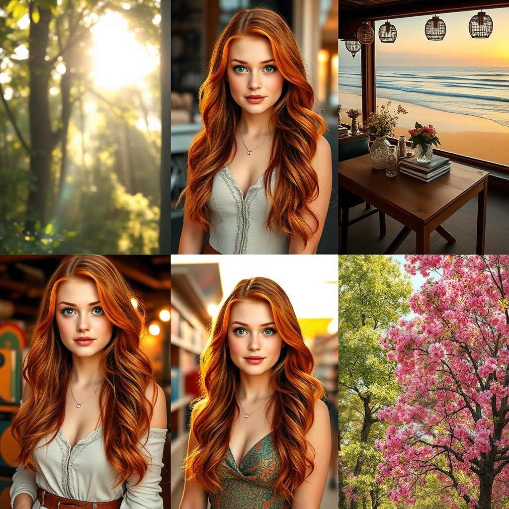 A series of six images featuring a young woman named Harper in various stunning settings and poses
