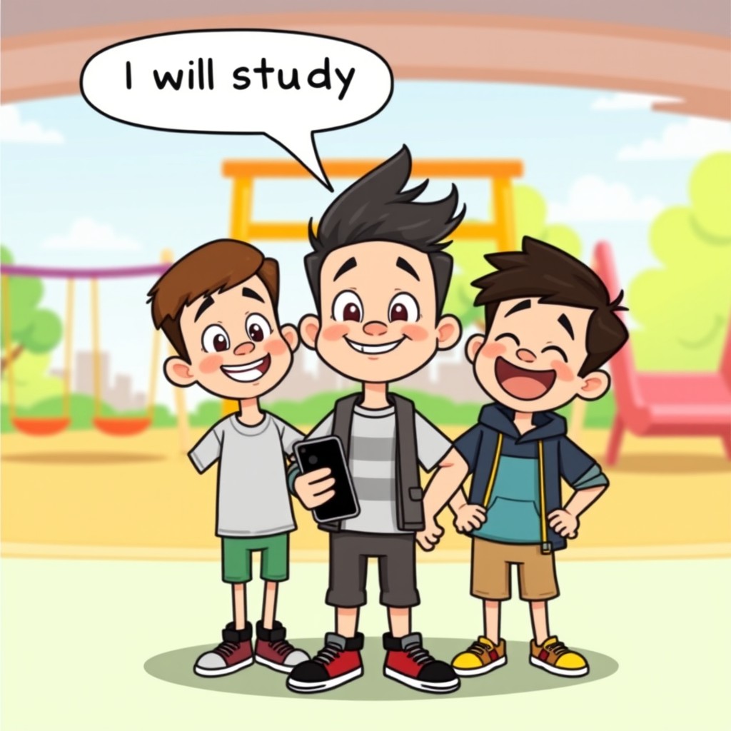 A playful cartoon illustration of three boys standing in a circle during recess