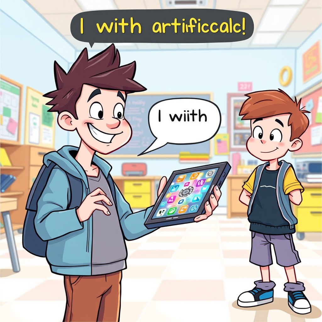 A cartoon-style illustration of three boys in a school setting