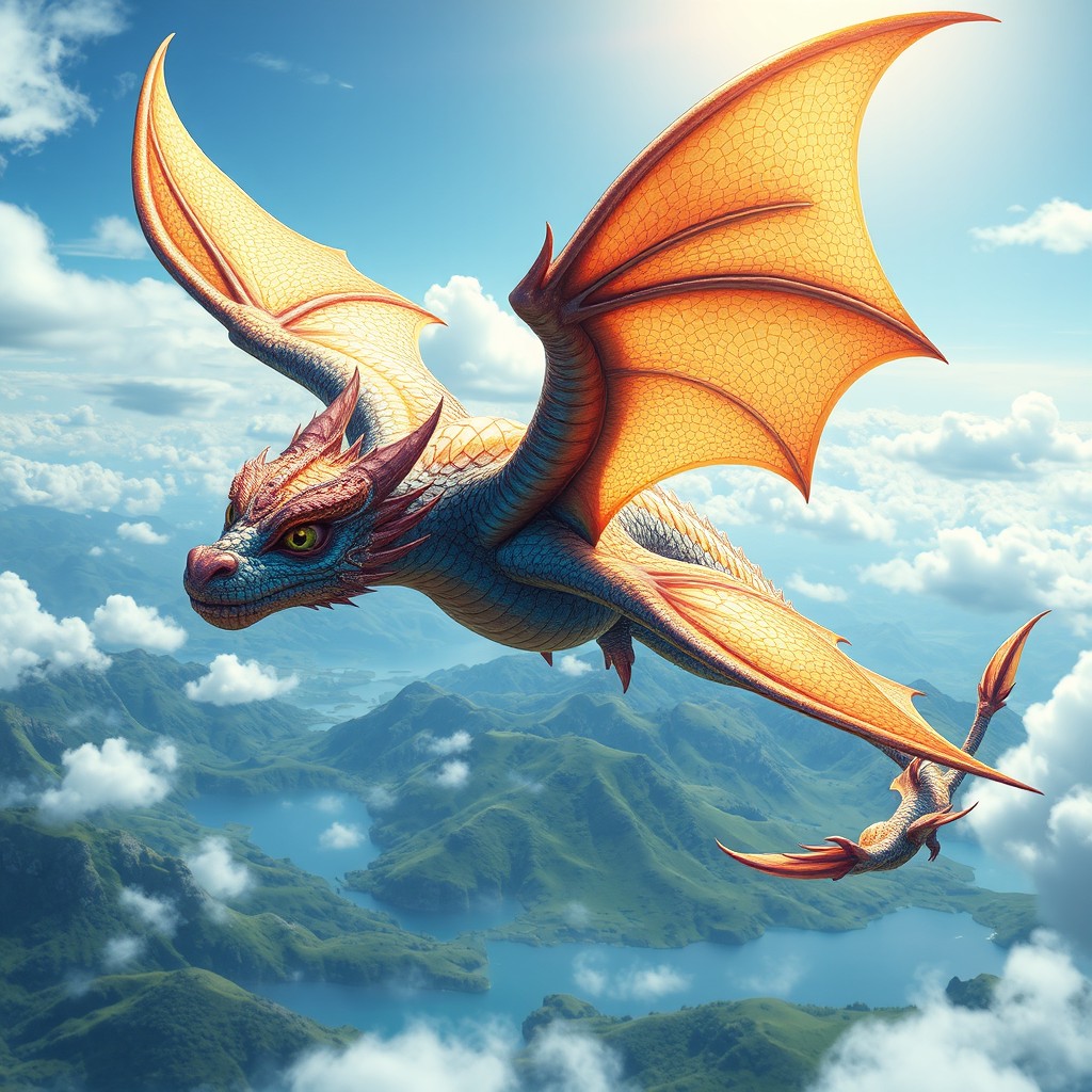 A mystical dragon soaring gracefully through the sky, its iridescent scales shimmering in the sunlight