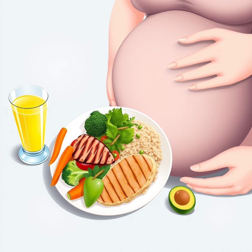 An illustration showcasing a complete meal designed for a pregnant woman, featuring a beautifully arranged plate with healthy and nutritious foods