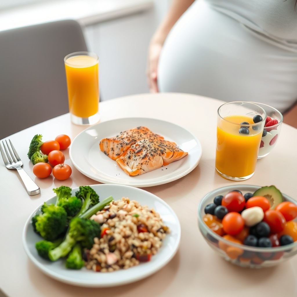 A beautifully arranged complete meal for a pregnant woman, showcasing a balanced diet that includes a colorful variety of foods