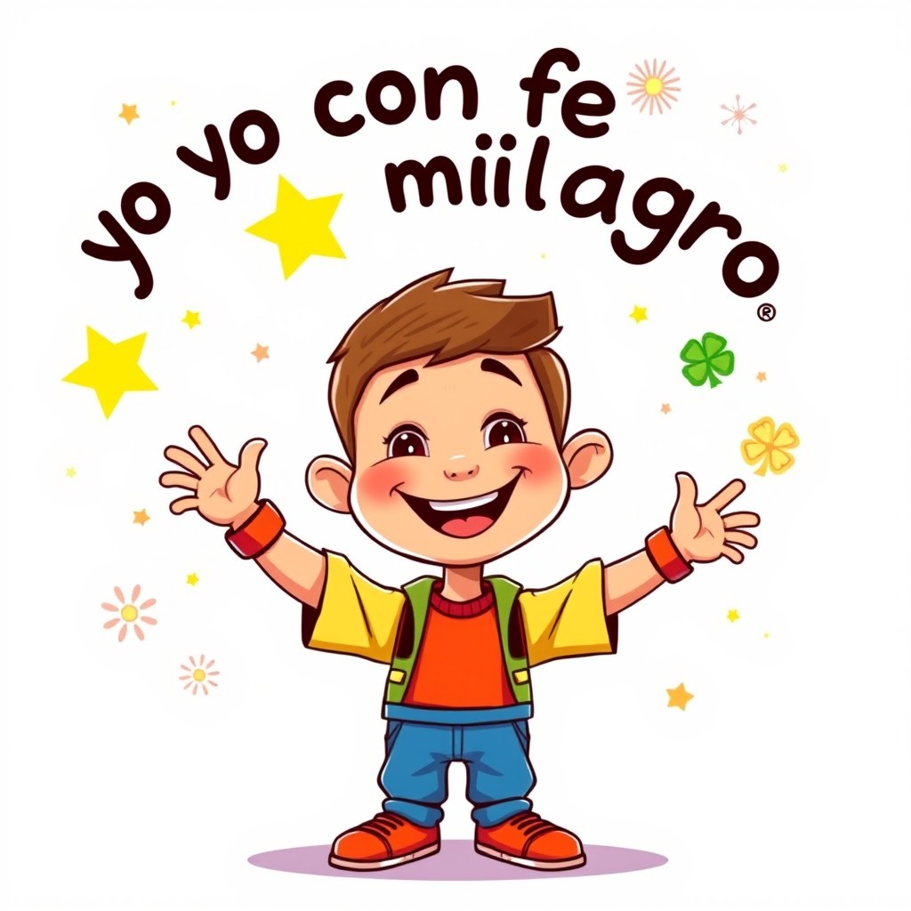 A playful caricature of a boy, confidently stating 'yo con fe y milagro' with a big smile