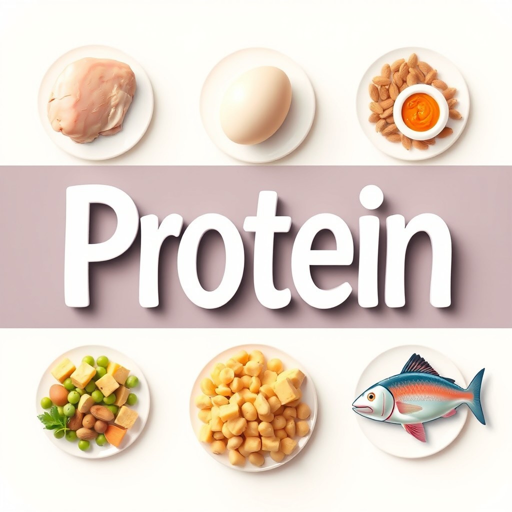 An artistic composition featuring the word 'Protein' prominently in the center