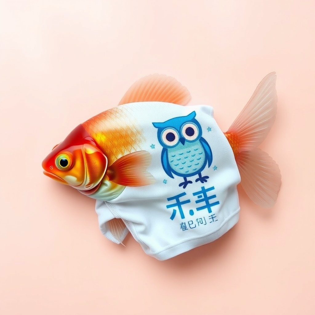 A deceased goldfish resting on a soft pastel background, adorned with a crisp white shirt featuring an adorable blue owl printed on the front