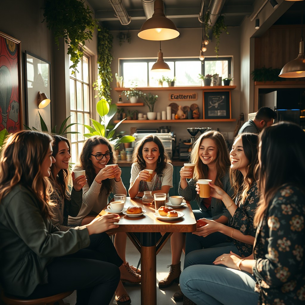 A cozy café scene where a diverse group of friends is enjoying a lively Saturday afternoon