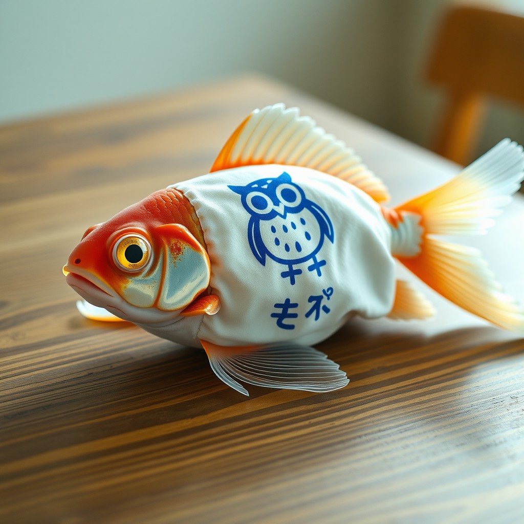 A whimsical and humorous scene showcasing a dead goldfish lying on a wooden table