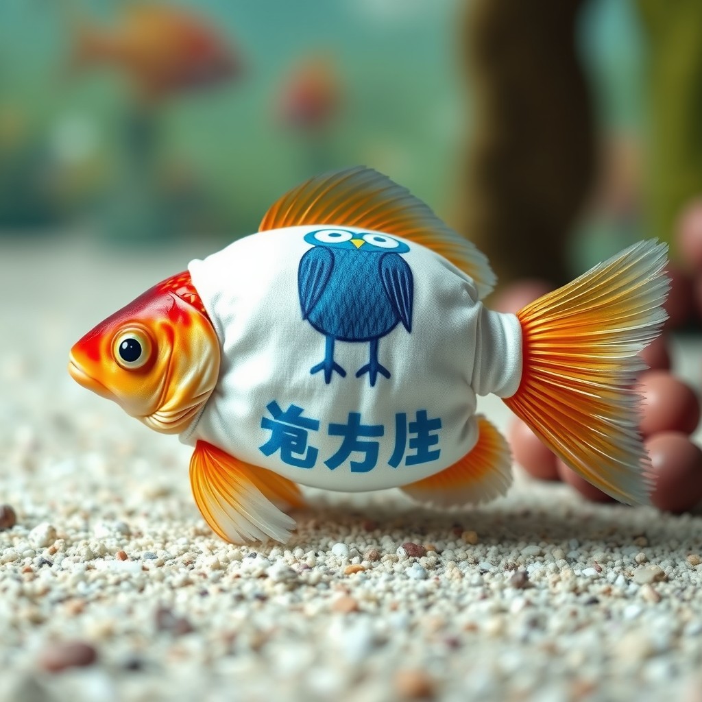 A whimsical scene featuring a dead goldfish dressed in a white shirt adorned with a blue owl design