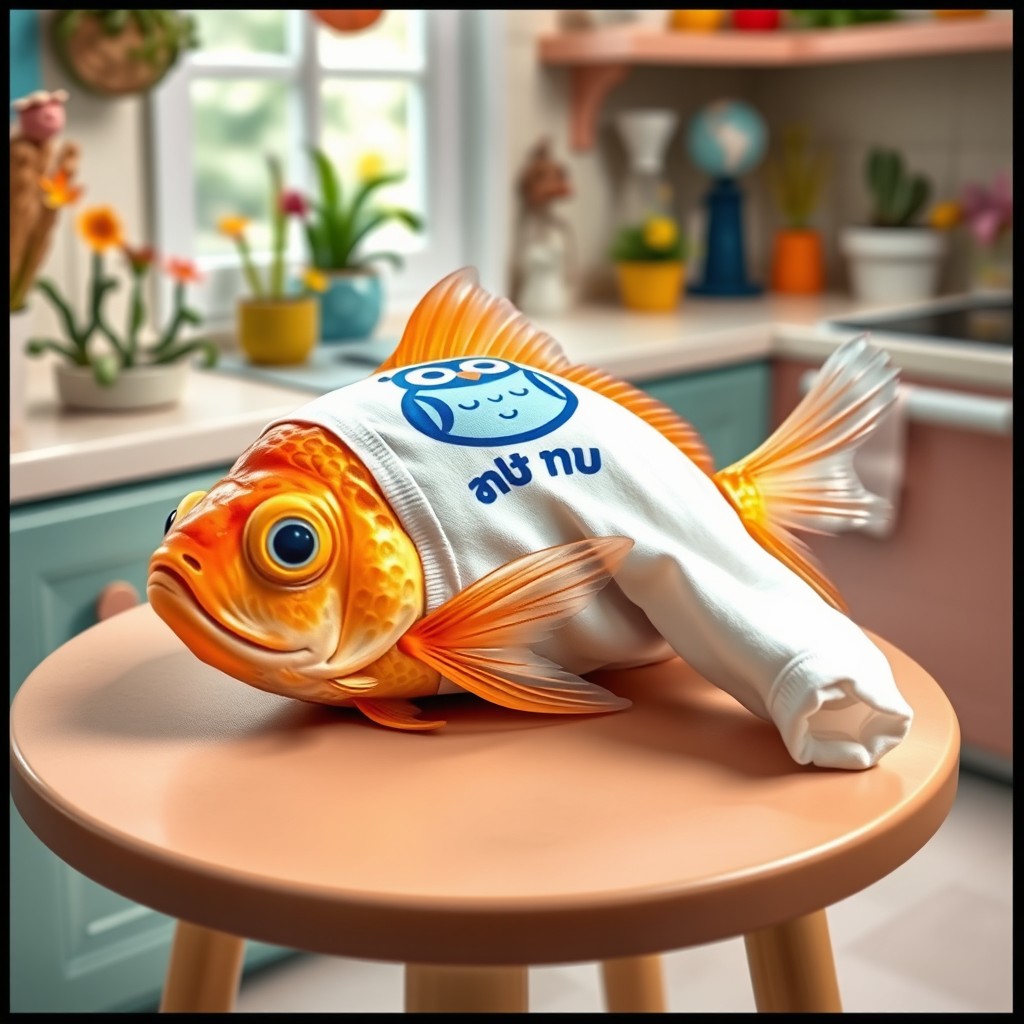 A comical scene featuring a dead goldfish lying on a small table, adorned with a crisp white shirt