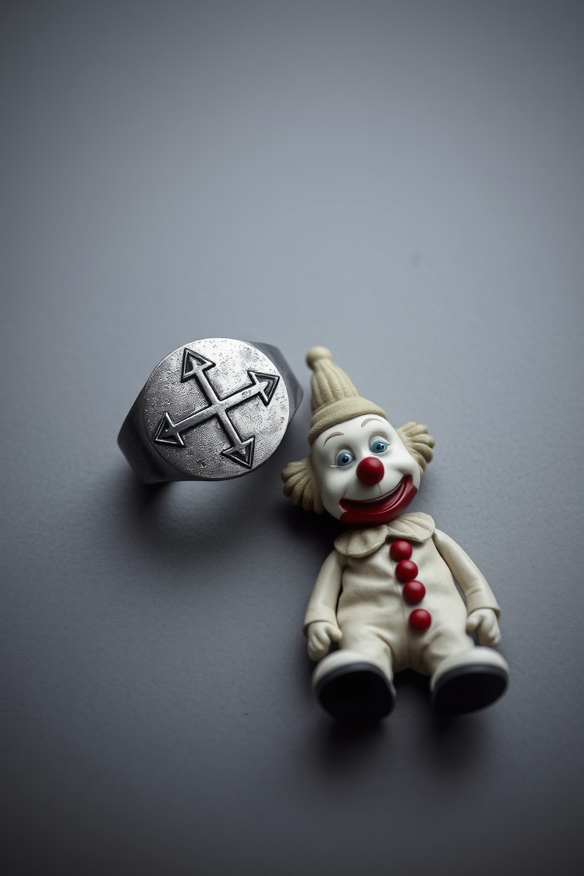 A minimalist design featuring two key elements: the ring "El Sufriente" with its engraved cross and arrows, and a toy clown