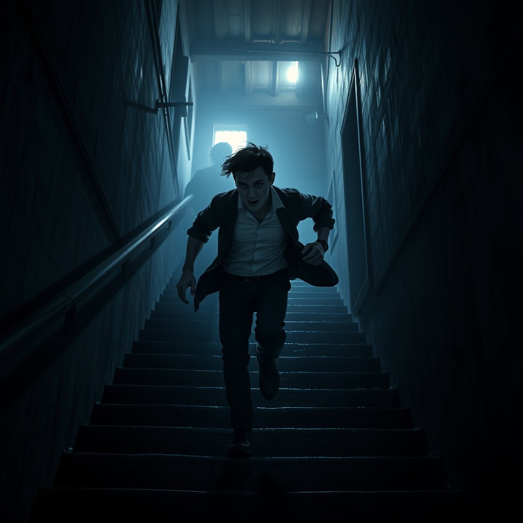 A dynamic scene portraying a character named Víctor running through dark streets or an abandoned building, being chased by indistinct shadows or figures