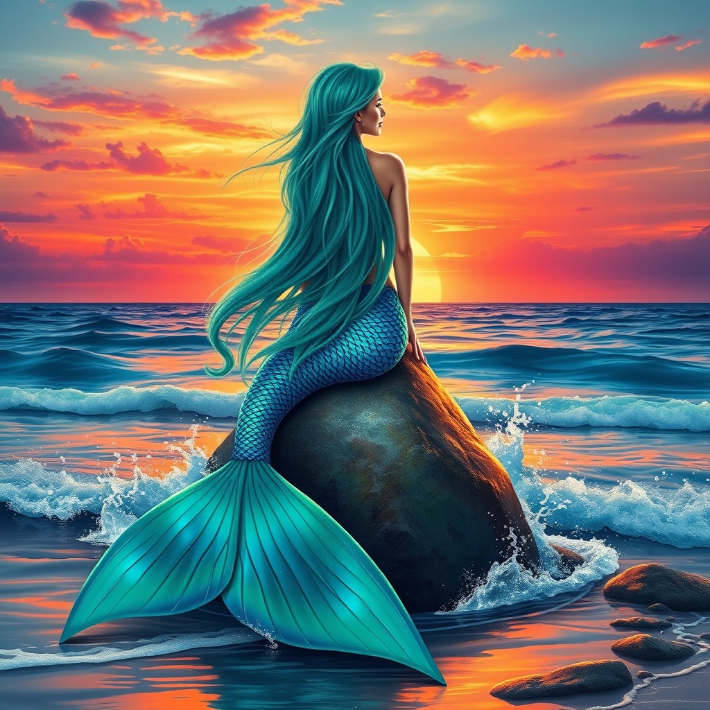 A stunning mermaid sitting gracefully on a rock by the ocean