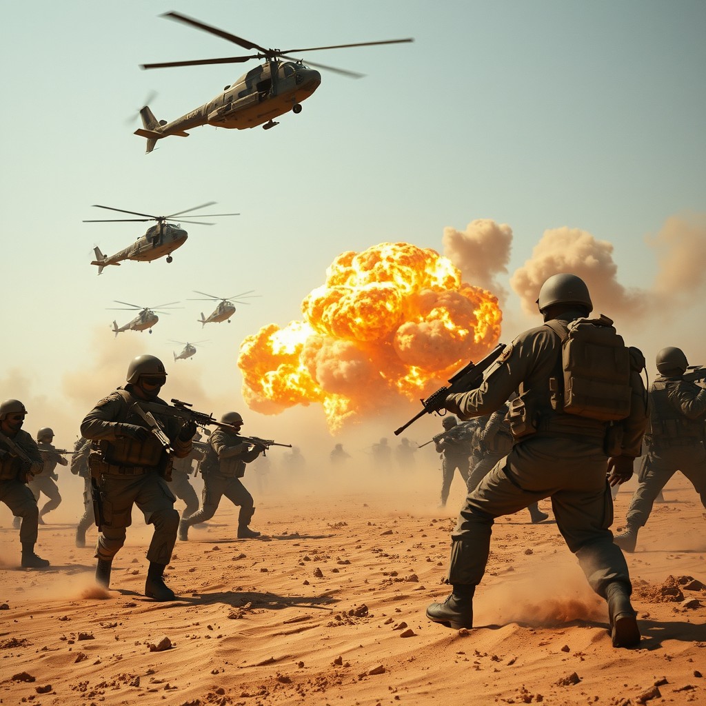 A dramatic scene set in a vast desert landscape during a fierce war