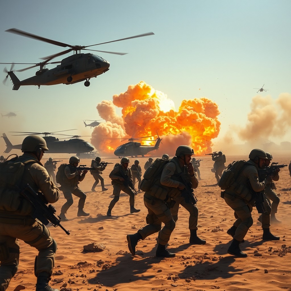 A dramatic scene set in a vast desert during an intense war