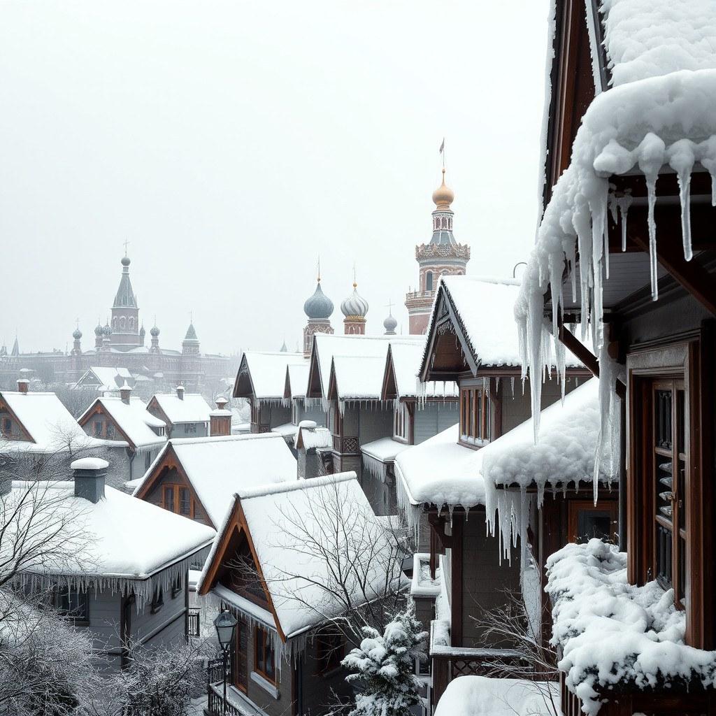 A picturesque winter scene in Moscow, Russia, showcasing a charming array of traditional Russian houses blanketed in soft, thick layers of ice and snow