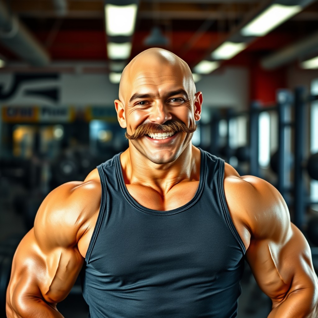 A cheerful male bodybuilder with a bald head and a prominent big moustache, exuding confidence and charisma